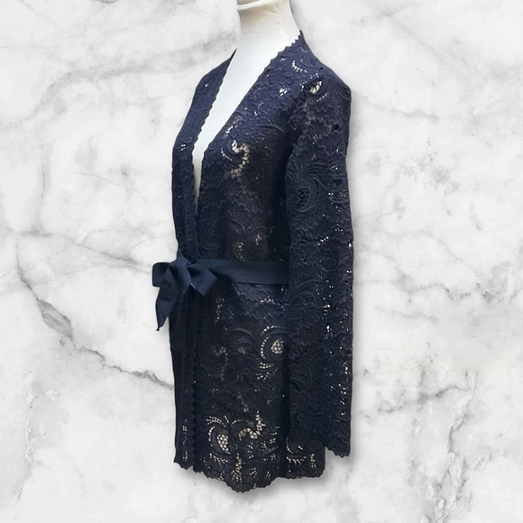 Carolina Herrera Belted Lace Cardigan Navy Blue Women's Sz M - Picture 3 of 7
